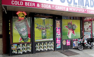 Deli&Grocery, 5621 6th Ave, Brooklyn, NY with poster designs for Heineken byMaria Dominguez for Bodega Cultural NYC